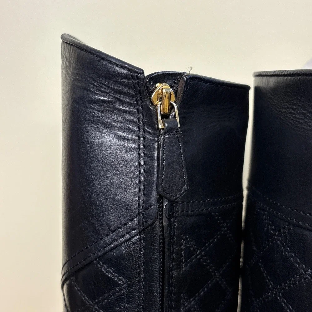 TORY BURCH Claremont Riding Boots Womens Black Size 8.5 Quilted Leather Back Zip